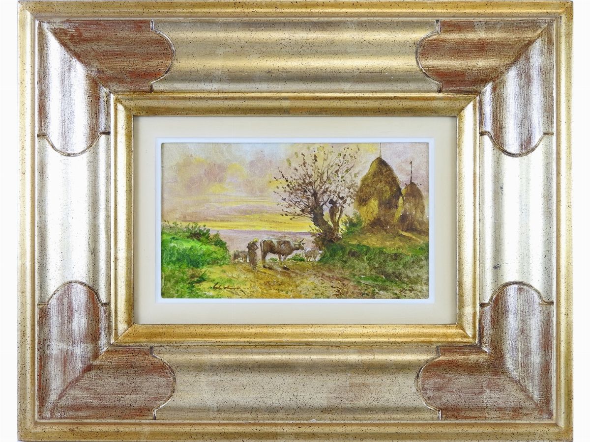 Giuseppe Ghidoni - Scorcio di Strada con Carrozza e Paesaggio Campestre con Armenti