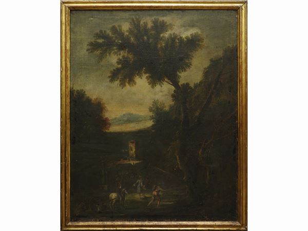 Scuola emiliana della fine del XVII/inizio del XVIII secolo - Paesaggio campestre con figure