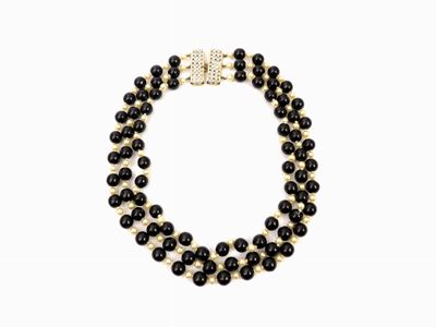 Collana in Perle di Vetro Nero, Strass e Perle Simulate