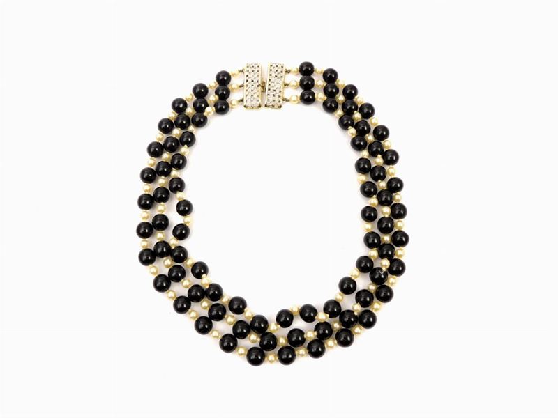Collana in Perle di Vetro Nero, Strass e Perle Simulate
