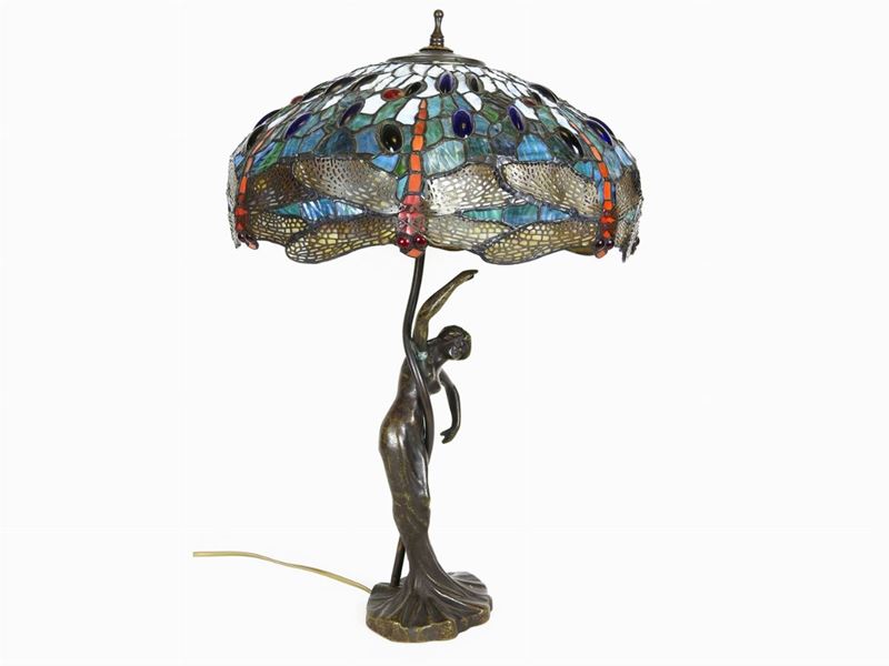 Lampada da Tavolo in Vetro e Metallo Patinato