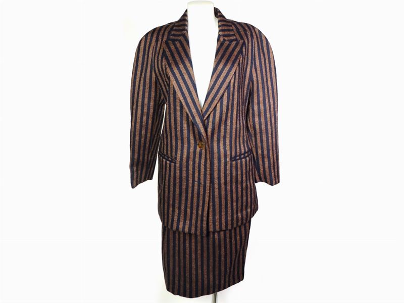 Tailleur in Lana Gessata Marrone e Blu, Alberta Ferretti