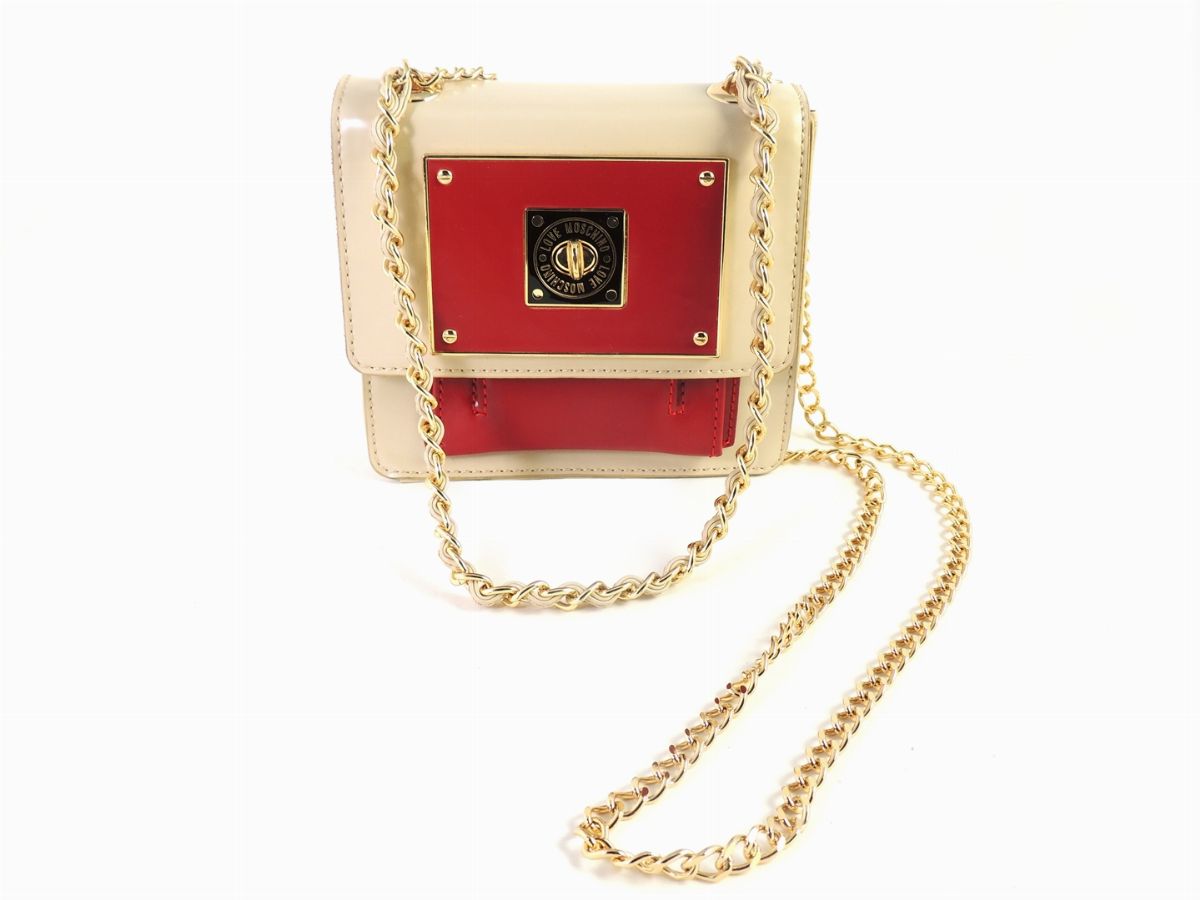 Borsa a Mano in Pelle Beige e Bordeaux, Moschino