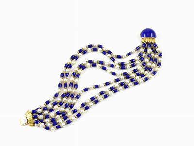 Bracciale in Oro Giallo, Smalto Blu e Perle Coltivate Akoya