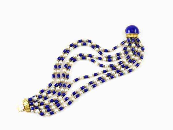 Yellow gold bracelet with blue enamel and Akoya cultured pearls