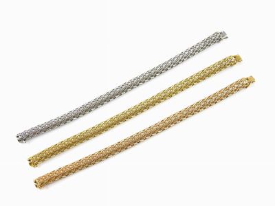 Tre Bracciali a Maglia Morbida, Rispettivamente in Oro Giallo, Bianco e Rosa