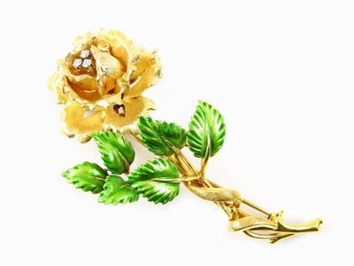 Spilla in Oro Giallo, Smalto Verde e Diamanti