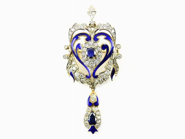 Yellow and white gold voluted pendant/brooch with blue enamel, diamonds and sapphires