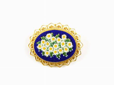 Spilla in Oro Giallo con Micromosaico Policromo a Motivo Floreale