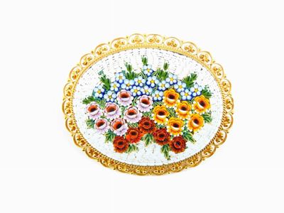Spilla in Oro Giallo con Micromosaico Policromo a Motivo Floreale