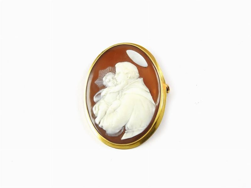 Spilla/pendente in Oro Giallo con Cammeo in Conchiglia Raffigurante Sant'antonio di Padova