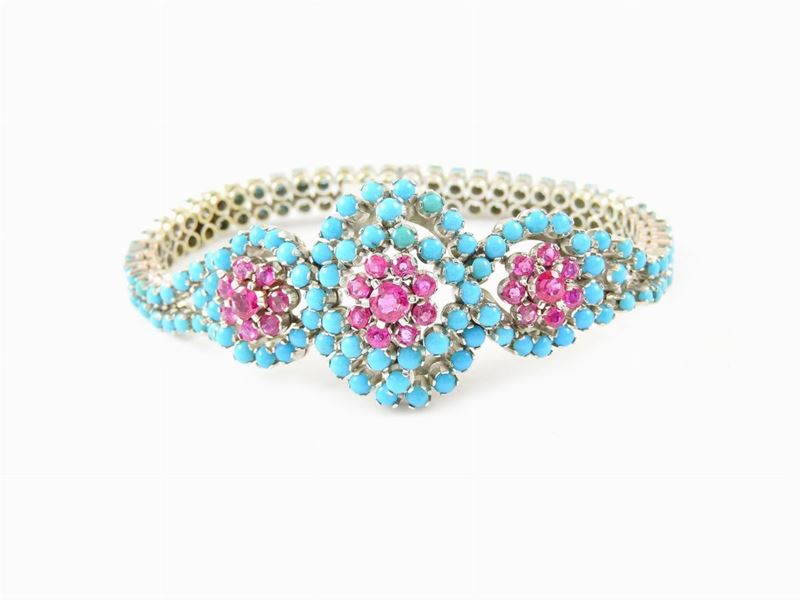 Bracciale Semi Rigido in Oro Bianco con Rubini e Turchesi