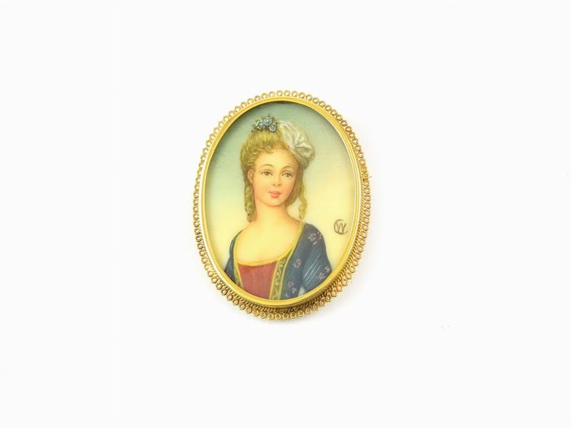Pendente/spilla in Oro Giallo con Miniatura su Avoriolina