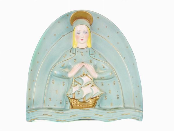 Luigi Comazzi - A 1930s Lenci Polychrome Ceramic Lunette of The Virgin With a Sailing Ship