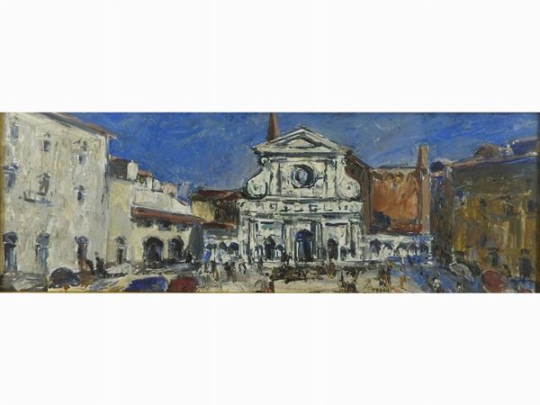 Bruno Paoli : View of Piazza Santa Maria Novella in Florence  ((1915-2005))  - Auction Furniture and Paintings from a House in Val d'Elsa / A Collection of Modern and Contemporary Art - Lots 304-590 - II - Maison Bibelot - Casa d'Aste Firenze - Milano
