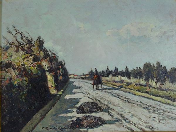 Gino Romiti - View of a Country Street with Figure and Cart