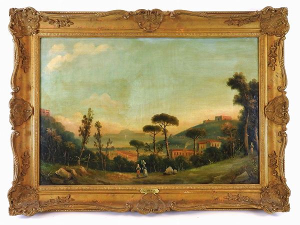 Scuola napoletana del XIX secolo - Paesaggio con personaggi