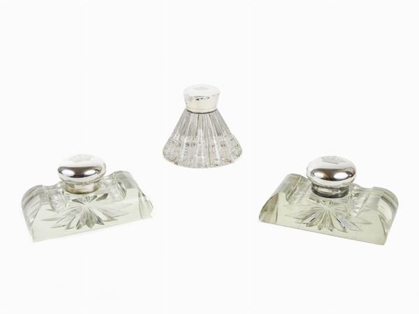 Three Crystal and Silver Inkwells
