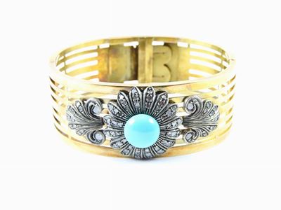 Bracciale Rigido in Oro Giallo, Argento, Diamanti e Turchese