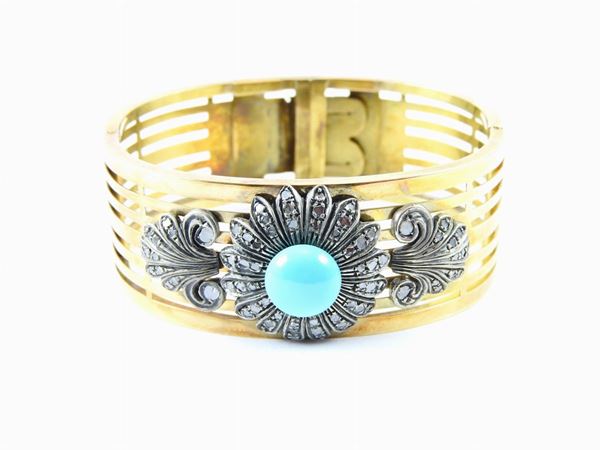 Yellow gold and silver bangle with diamonds and turquoise