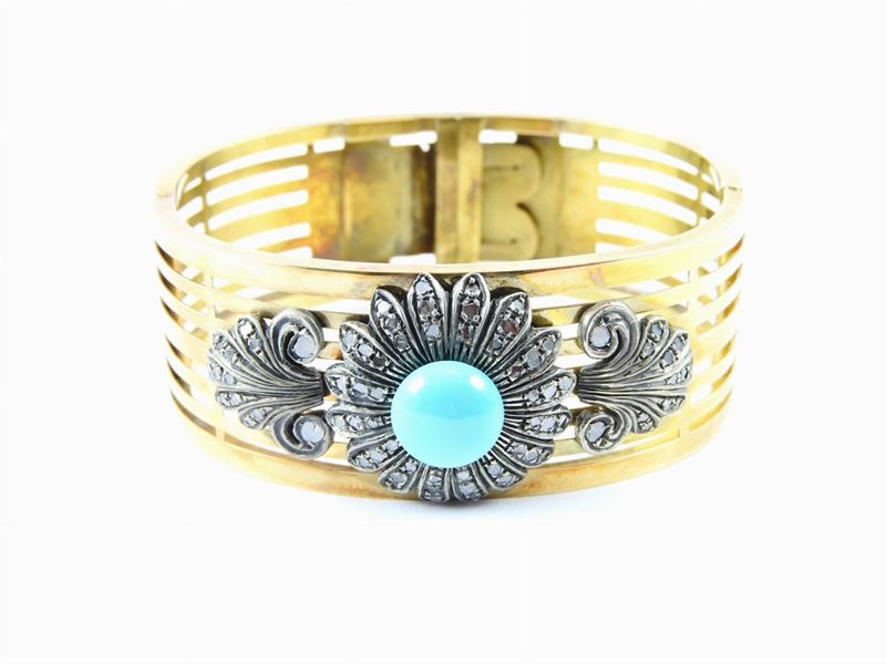 Bracciale Rigido in Oro Giallo, Argento, Diamanti e Turchese