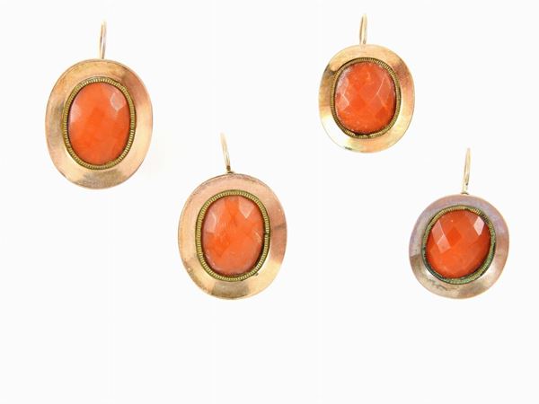 Two pairs of low alloyed red gold and faceted red coral earrings