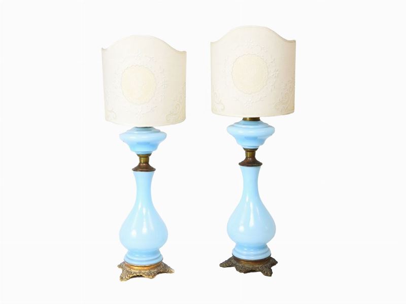 Coppia di Lumi Ad Olio in Opaline Celeste
