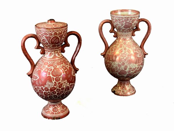 A Pair of Cantagalli Lustred Earthenware Amphoras
