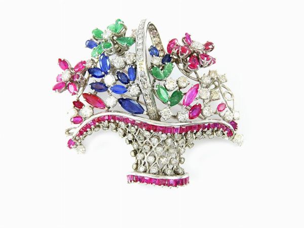 White gold brooch with diamonds, rubies, sapphires and emeralds  - Auction Jewels and Watches - Second Session - II - Maison Bibelot - Casa d'Aste Firenze - Milano