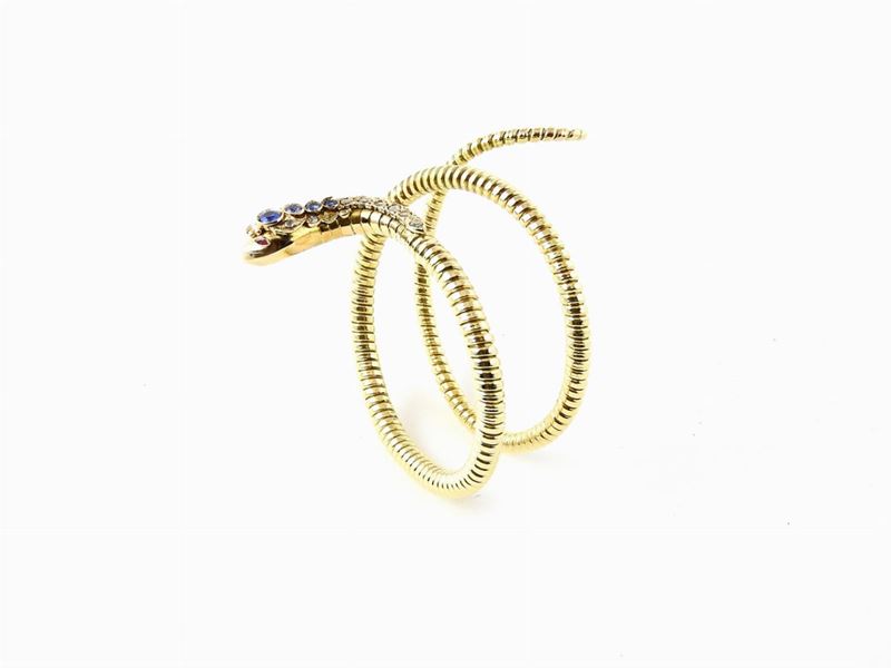 Bracciale a Maglia Elastica in Oro Giallo 585/1000, Diamanti e Zaffiri