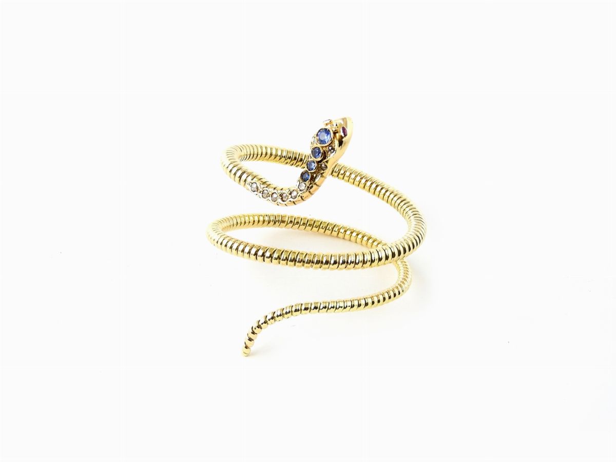 Bracciale a Maglia Elastica in Oro Giallo 585/1000, Diamanti e Zaffiri