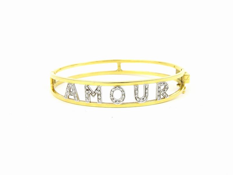 Bracciale Rigido in Oro Giallo e Bianco con Diamanti