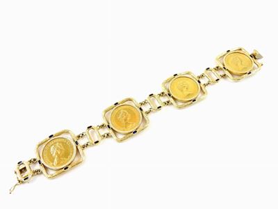 Bracciale in Oro Giallo e Smalto Nero con Incastonate Quattro Monete Auree da una Sterlina