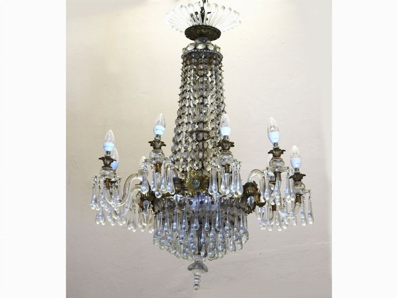 Lampadario a Cestino in Bronzo Dorato e Cristallo