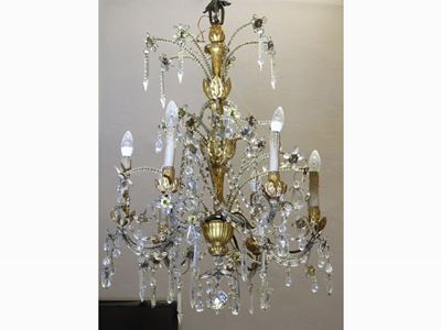 Lampadario Floreale in Metallo, Legno Intagliato e Dorato, Vetro e Cristallo