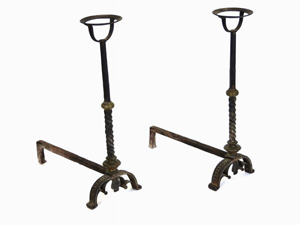 A Pair of Old Wrought Iron and Bronze Andirons