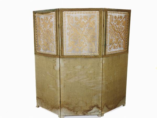 A Three Fold Screen With Embroidered Panel