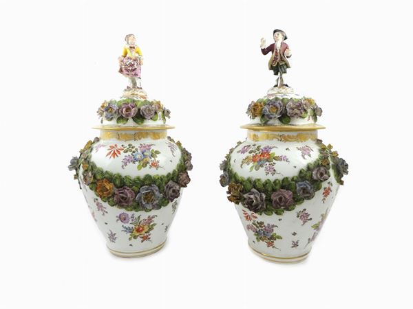 A PAir of Painted Porcelain Lidded Vases