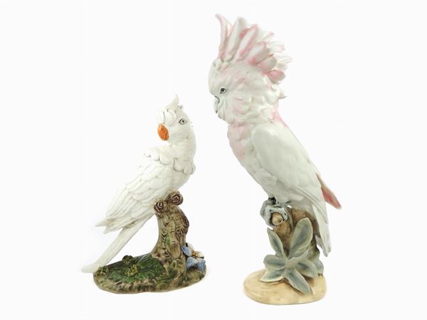 Two Polychrome Ceramic Figures of Parrots on Branches