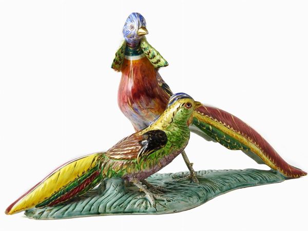 A Polychrome Ceramic Figural Group With Pheasants