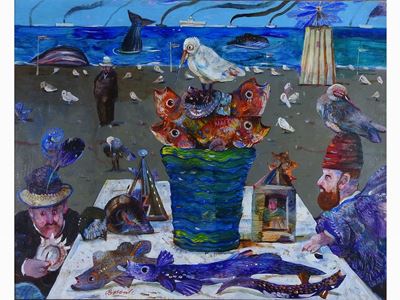 Paesaggio Marino con Personaggi e Natura Morta con Pesci