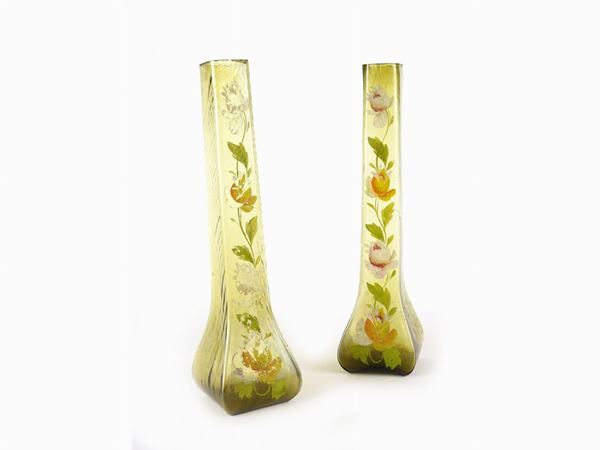 A Pair of Painted Blown Glass Vases