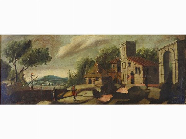 Scuola tedesca della fine del XVIII/inizio del XIX secolo : Landscapes with Houses and Figures  - Auction Furniture and Paintings from a house in Val d'Elsa - Lots 1-303 - I - Maison Bibelot - Casa d'Aste Firenze - Milano