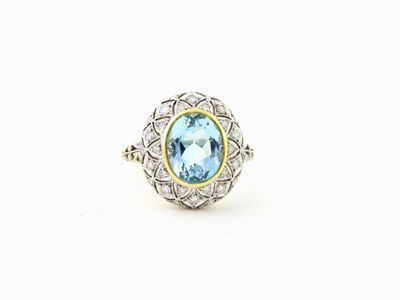 Anello in Oro Bianco e Giallo in Stile Antico con Acquamarina e Diamanti