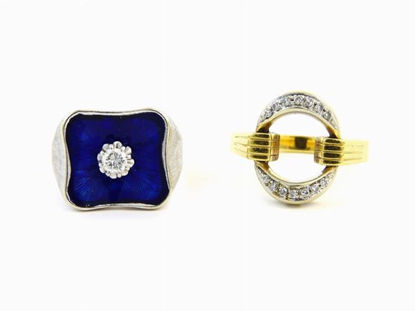 Two yellow and white gold rings with enamel and diamonds