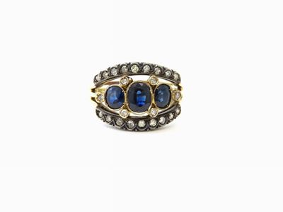 Anello in Oro Giallo, Argento, Diamanti e Zaffiri