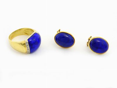 Demi Parure Anello e Orecchini in Oro Giallo e Bianco, Diamanti e Lapislazzuli