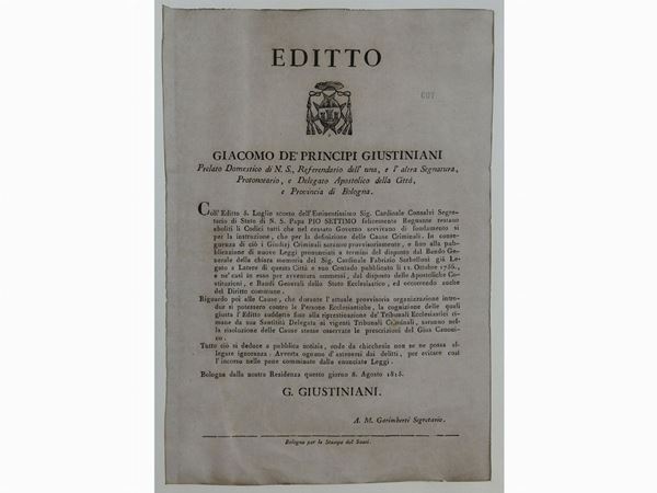 Antico editto  (Bologna 8 agosto 1815)  - Asta Arredi e Dipinti da una dimora della Val d'Elsa - Lotti 1-303 - I - Maison Bibelot - Casa d'Aste Firenze - Milano