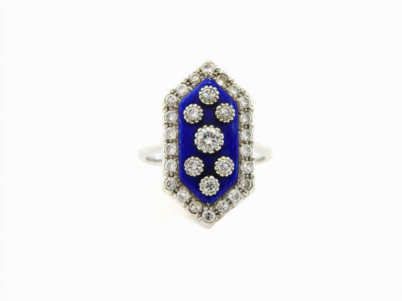 Anello in Oro Bianco, Smalto Blu e Diamanti