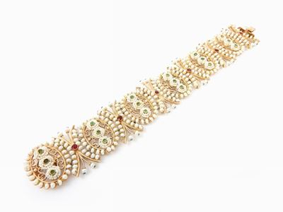 Bracciale in Oro Giallo 500/1000, Micro Perle, Rubini e Smeraldi